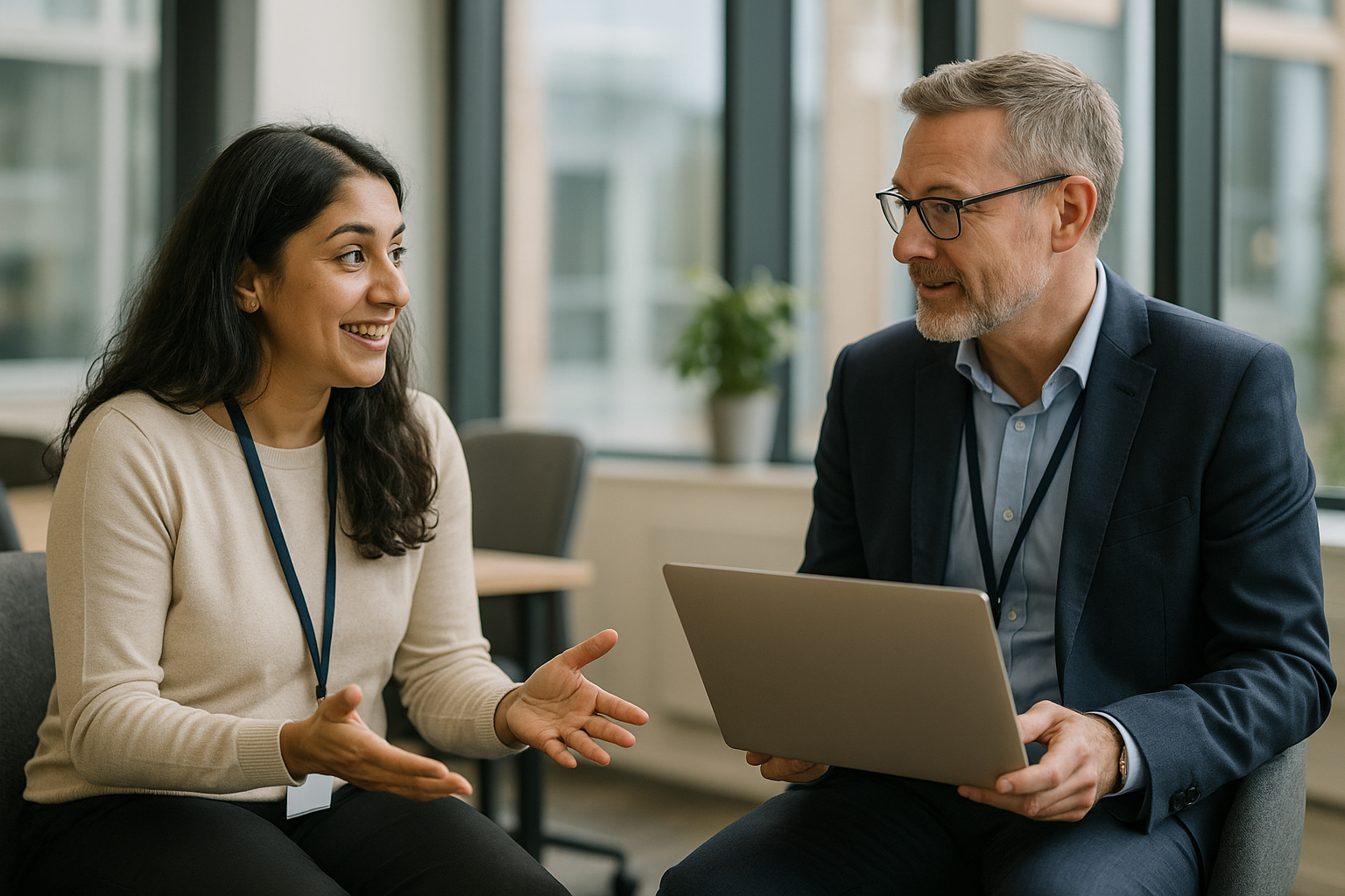 Two UK professionals discussing career next steps for scale up executive UK