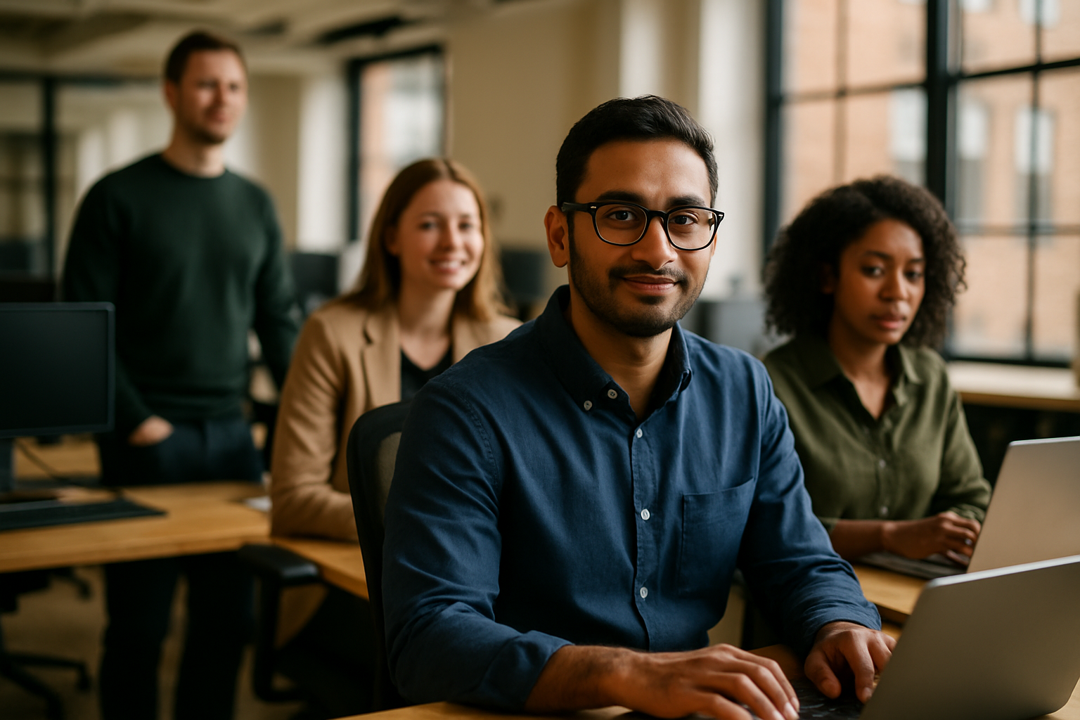 British professionals in a modern office discussing SEO specialist UK