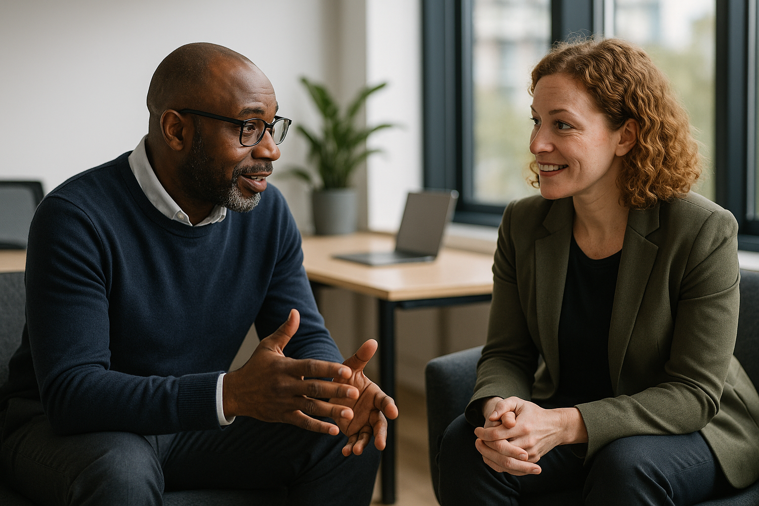 Two UK professionals discussing career next steps for SEO specialist UK