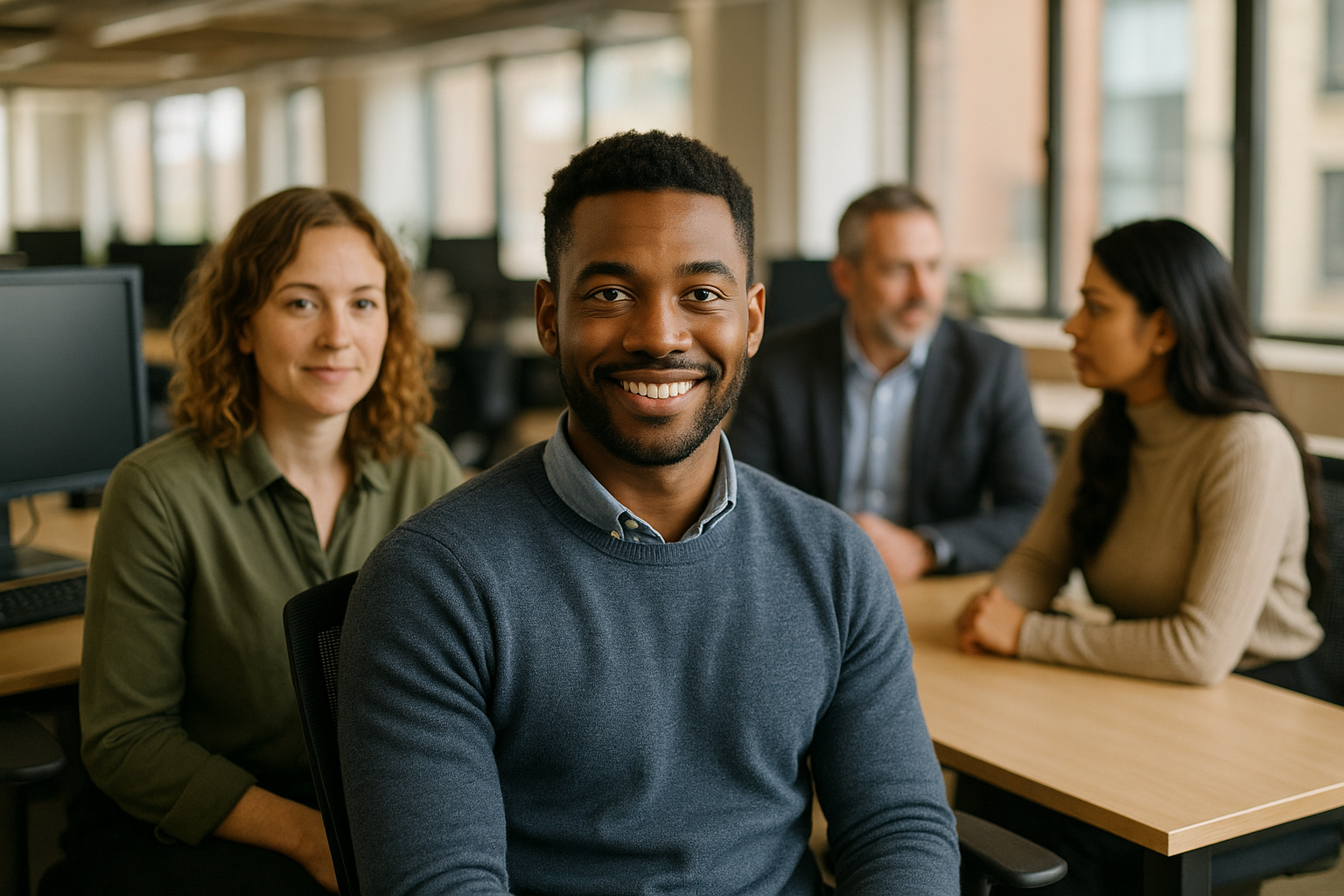 British professionals in a modern office discussing sports psychologist UK