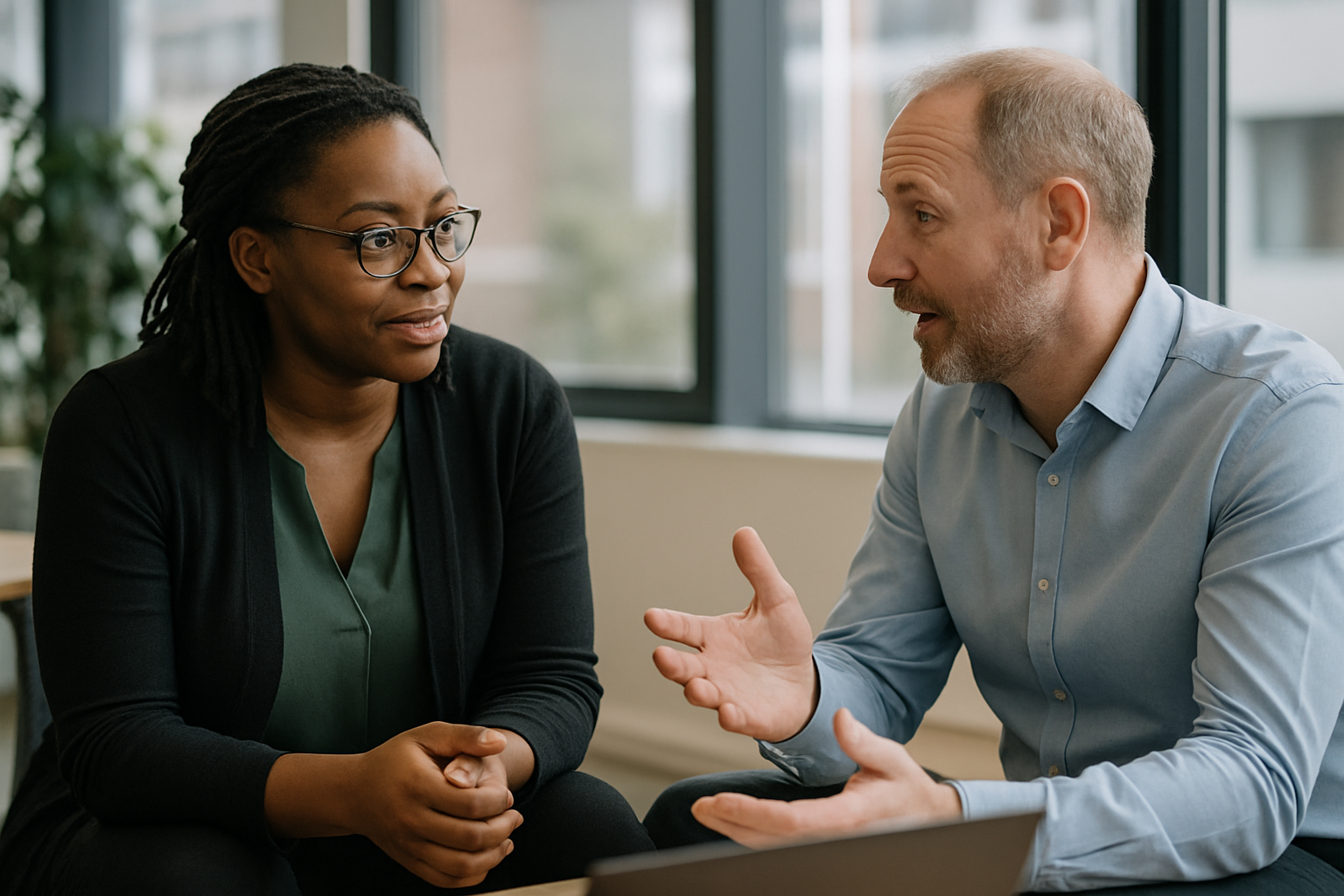Two UK professionals discussing career next steps for sports psychologist UK