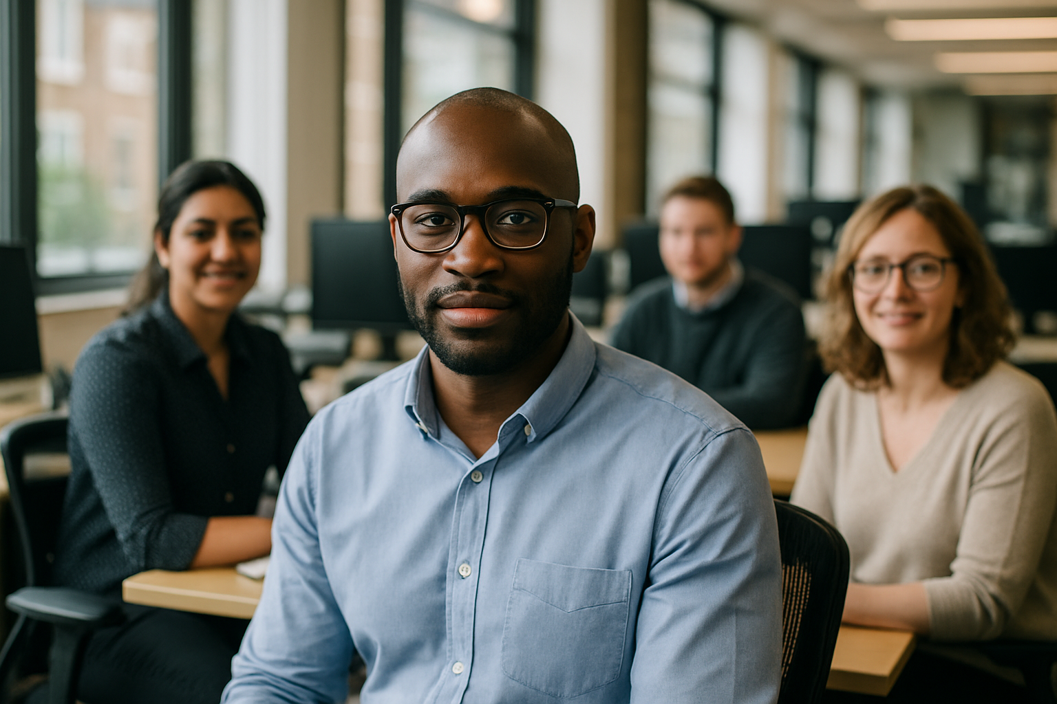 British professionals in a modern office discussing Supply Chain Manager UK