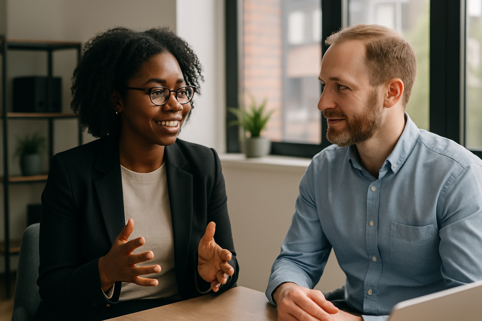 Two UK professionals discussing career next steps for Supply Chain Manager UK