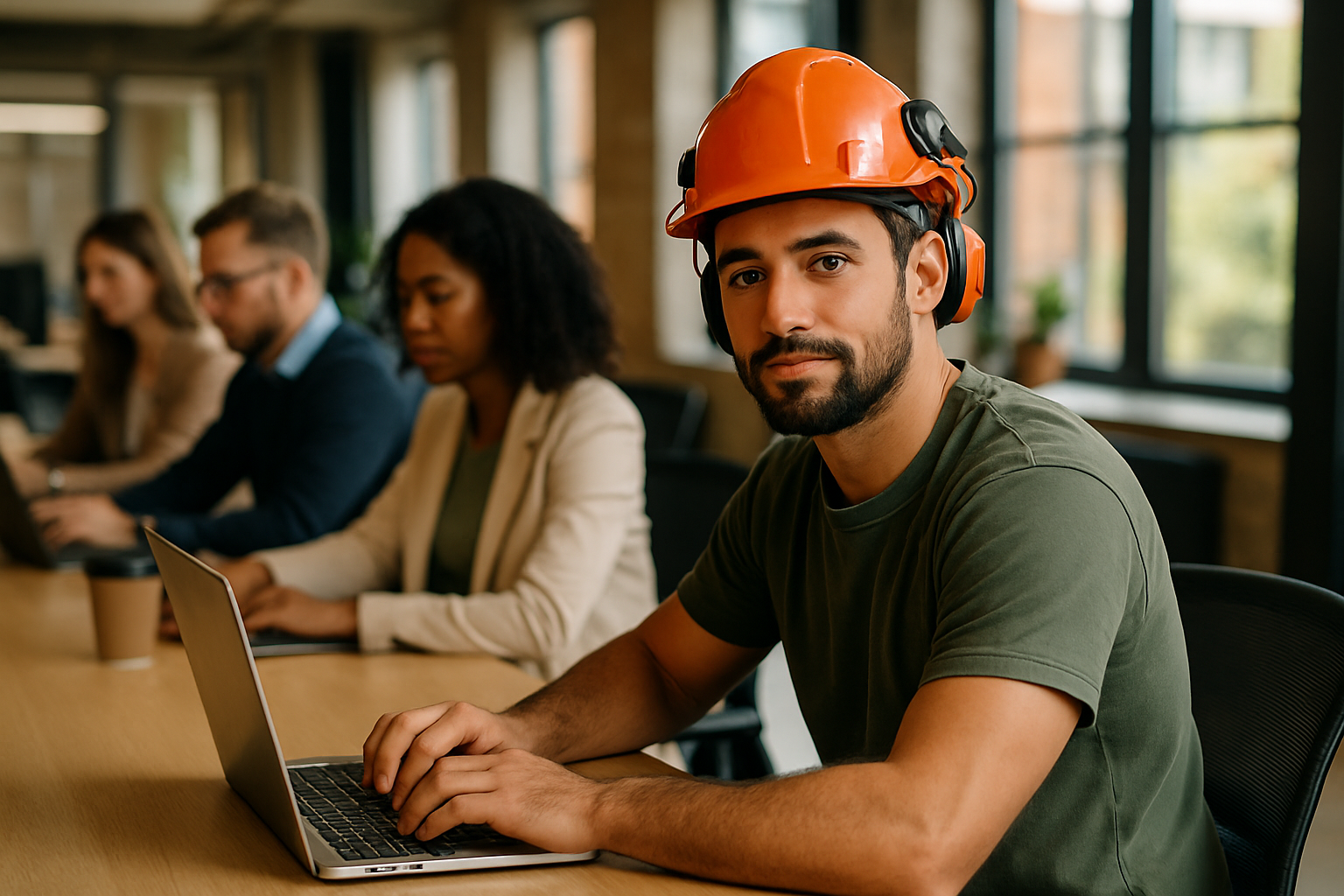 British professionals in a modern office discussing tree surgeon UK