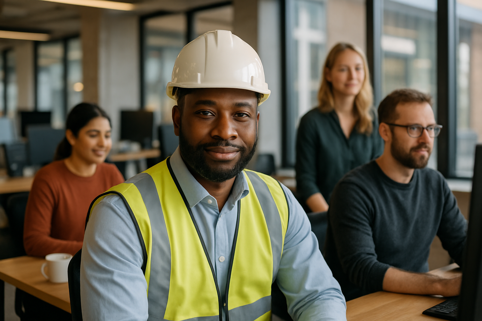British professionals in a modern office discussing Construction site manager UK