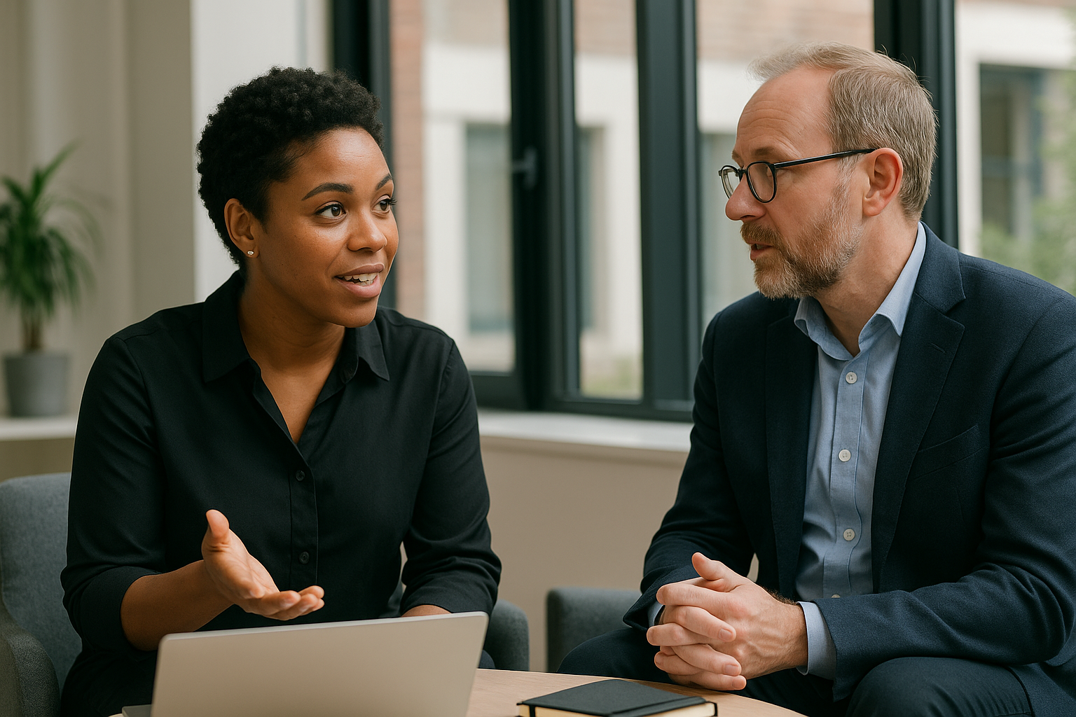 Two UK professionals discussing career next steps for Construction site manager UK