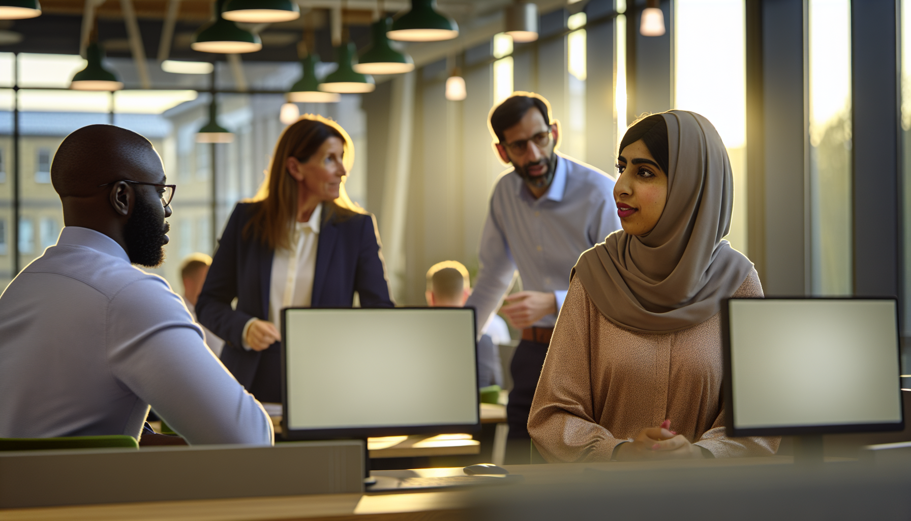 British professionals in an open-plan office discussing benefits