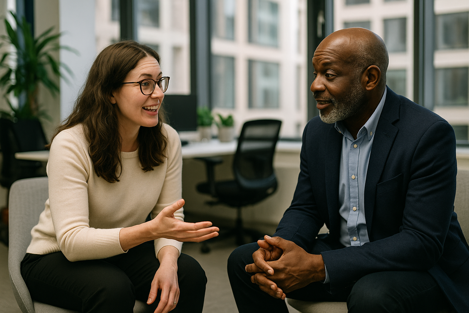 Two UK professionals discussing career next steps for bioinformatician UK
