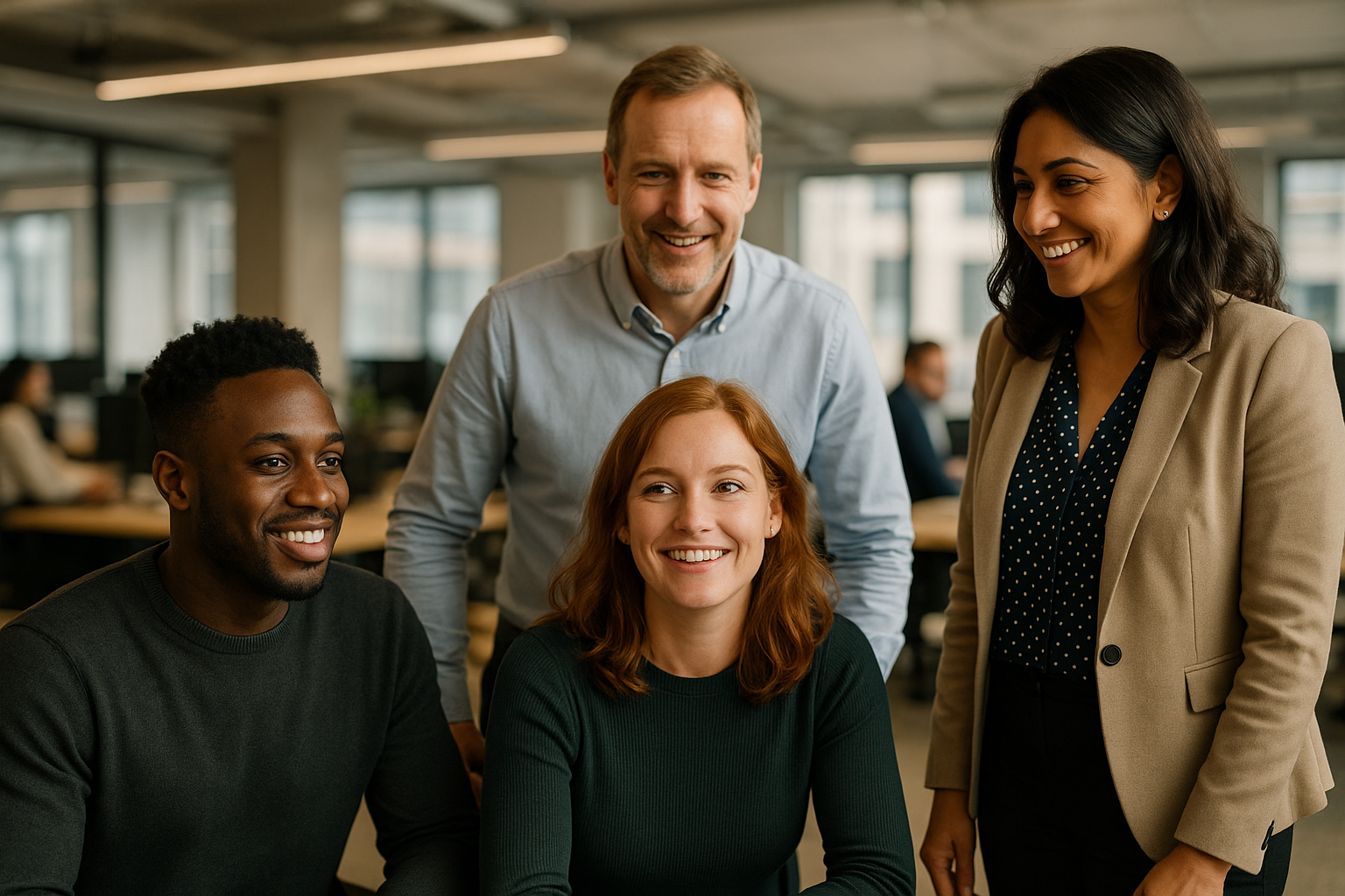 British professionals in a modern office discussing employee engagement UK