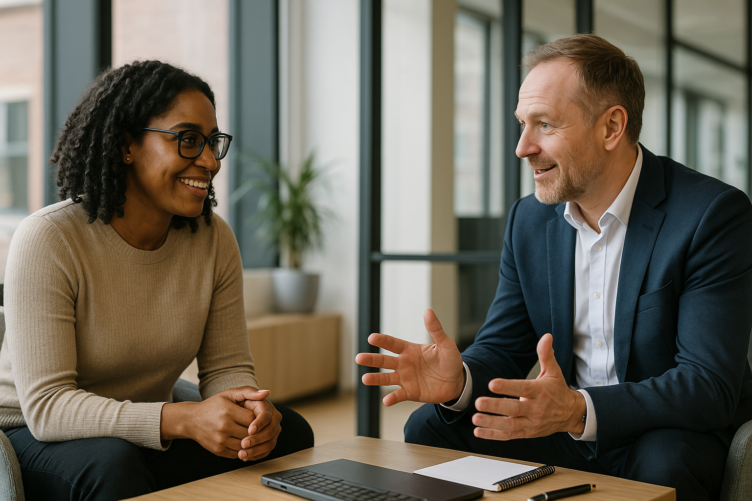 Two UK professionals discussing career next steps for employee engagement UK