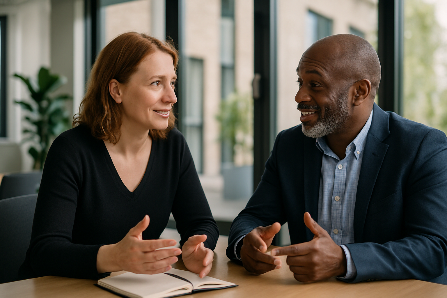 Two UK professionals discussing career next steps for Resilience in the UK workplace