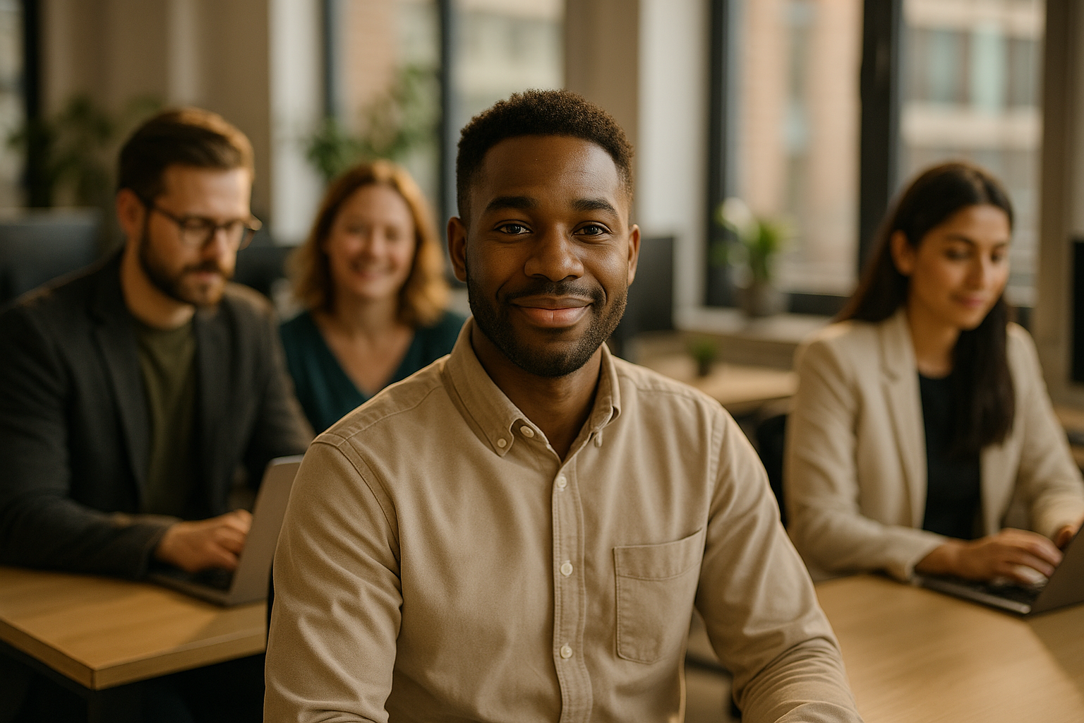 British professionals in a modern office discussing Volunteering for experience UK