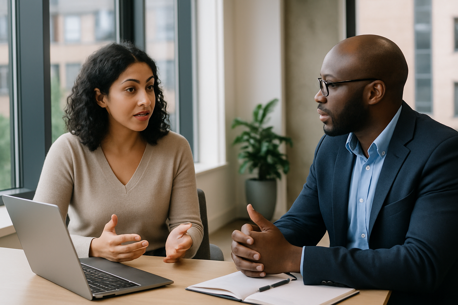 Two UK professionals discussing career next steps for Volunteering for experience UK