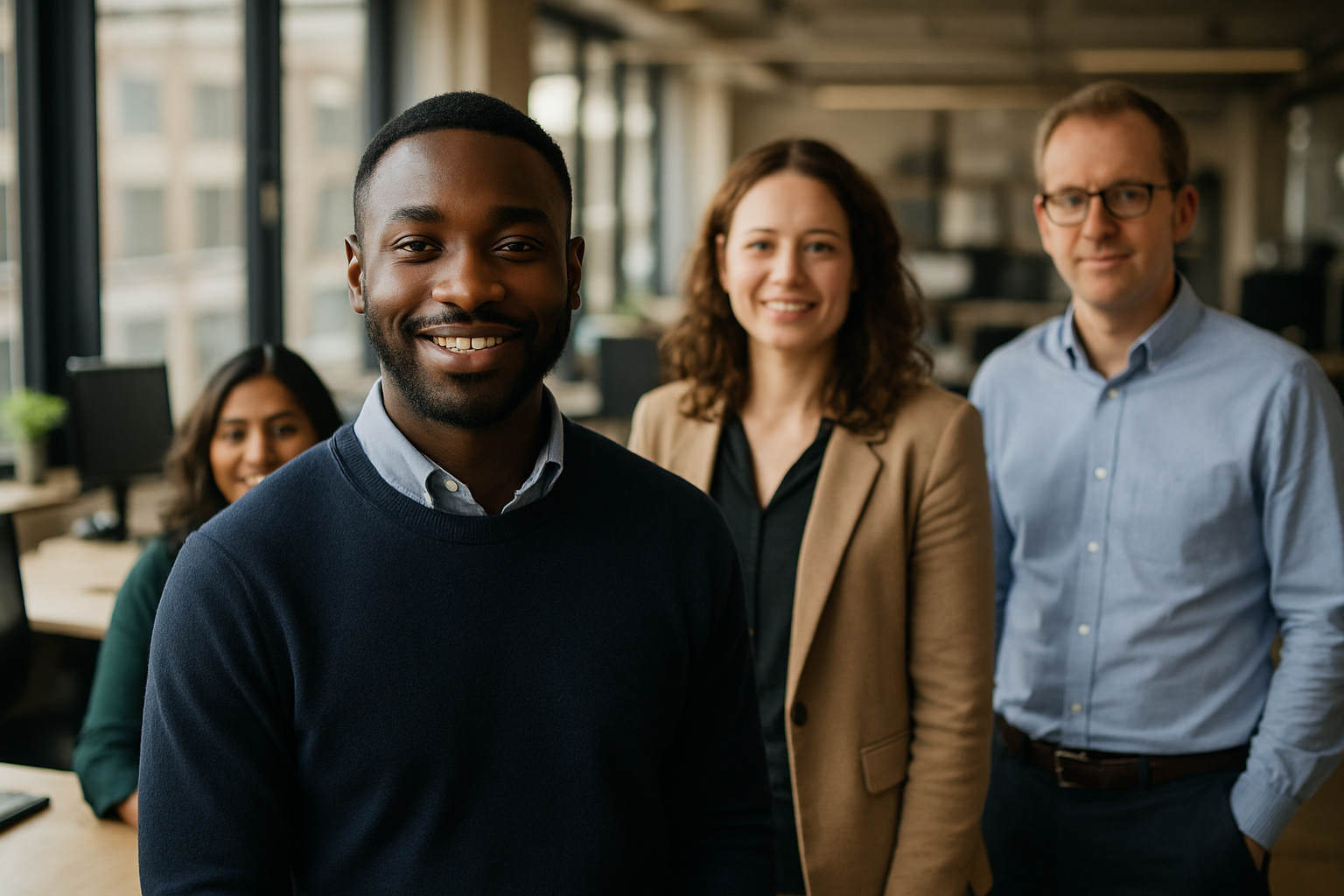 British professionals in a modern office discussing diversity and inclusion UK