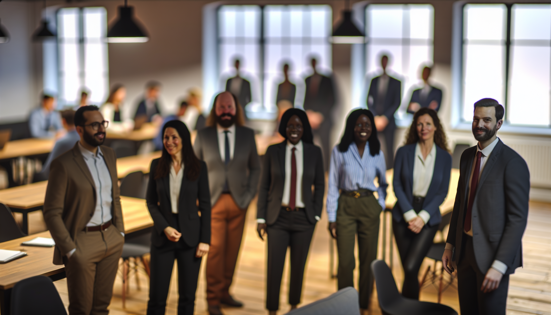Diverse UK professionals discussing car allowance policy in office.