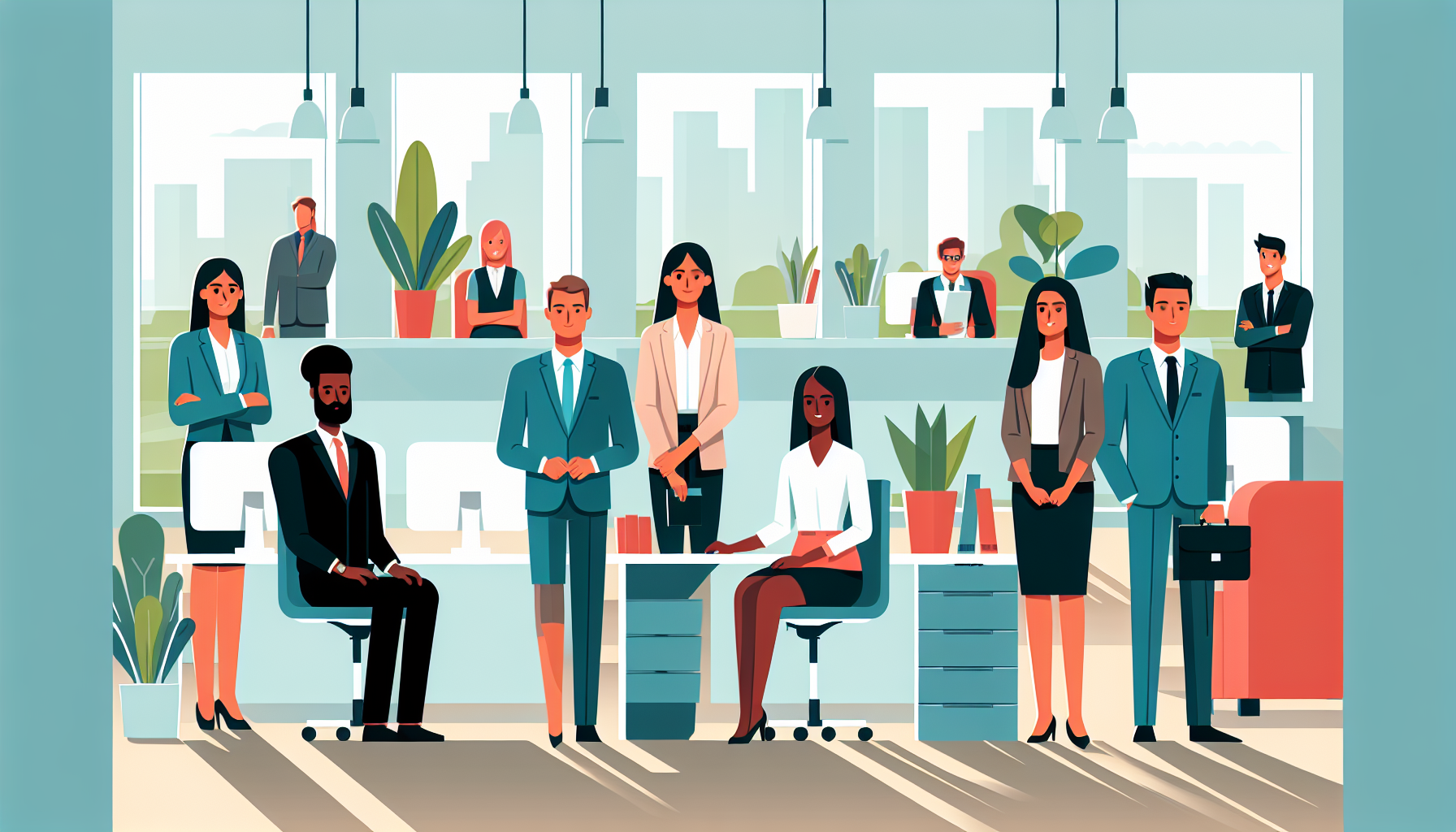 Illustration of diverse UK professionals working in a modern office