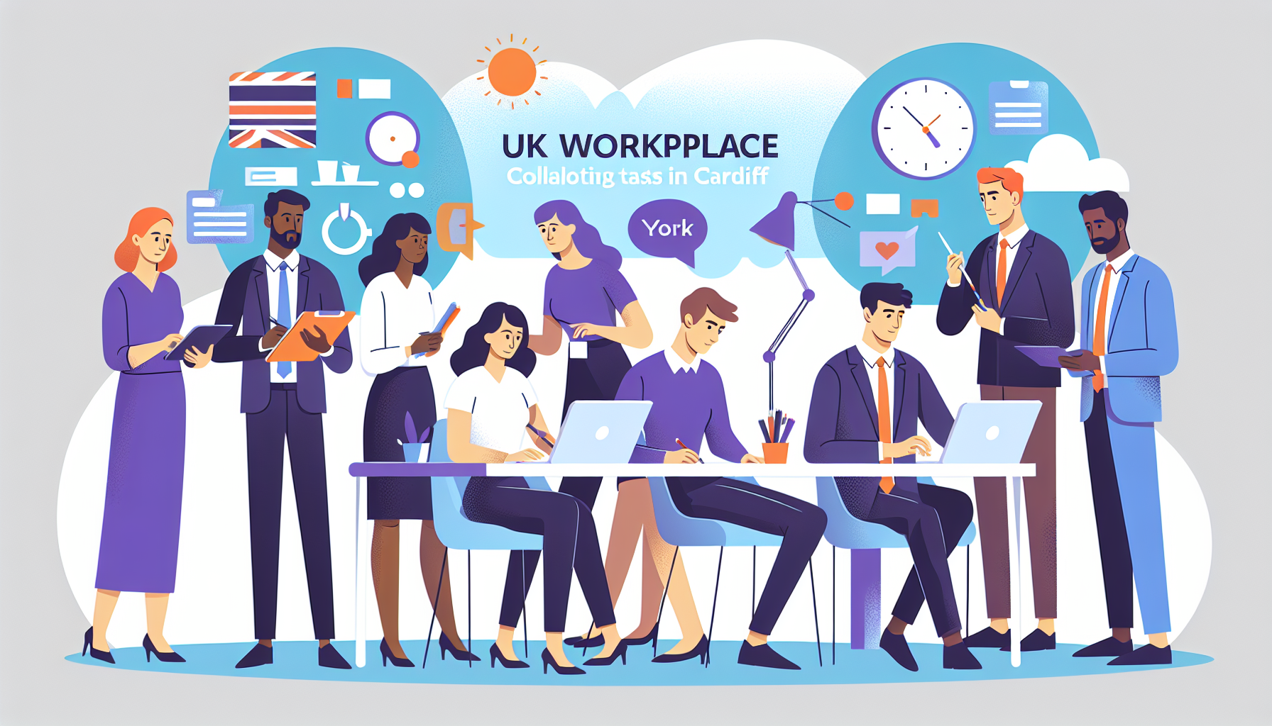 Illustration of a UK team collaborating on workplace tasks