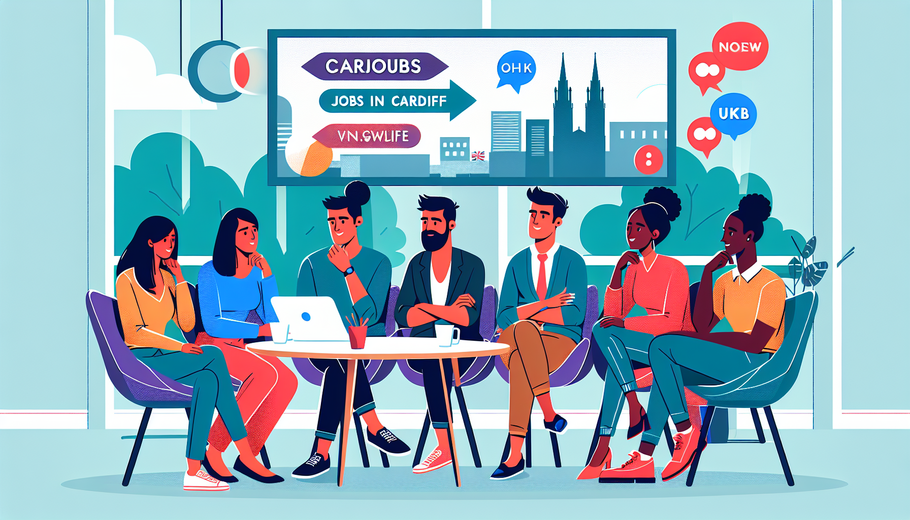 Illustration of UK professionals in a relaxed office discussion
