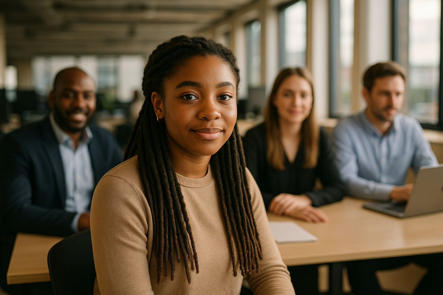 British professionals in a modern office discussing young carer