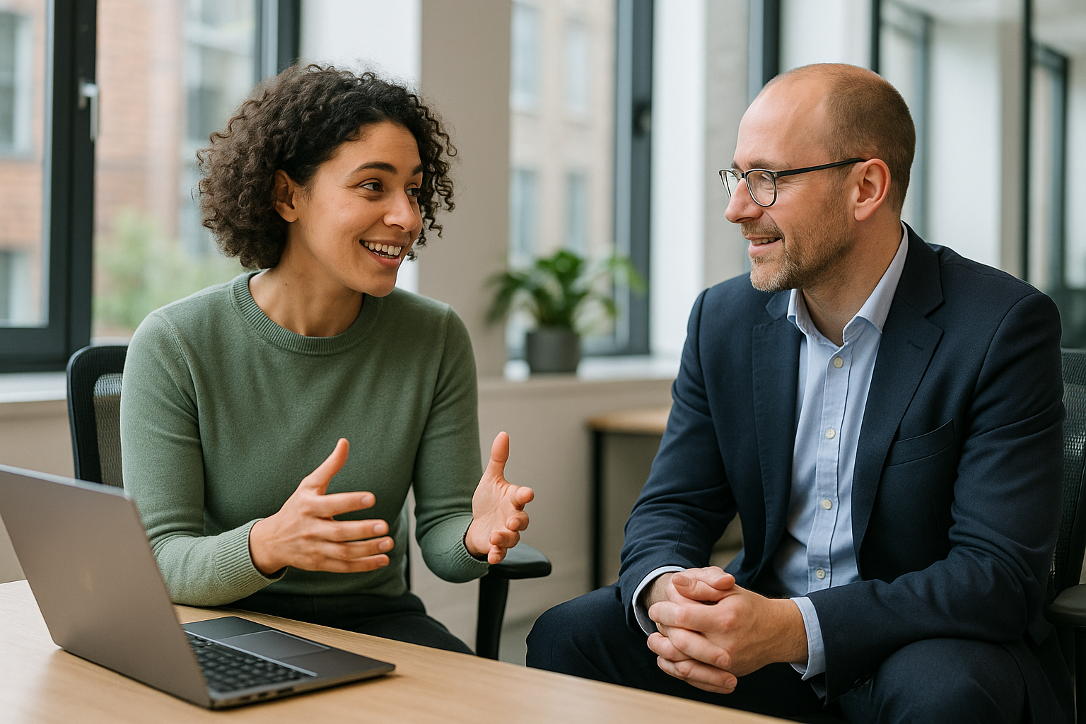 Two UK professionals discussing career next steps for young carer