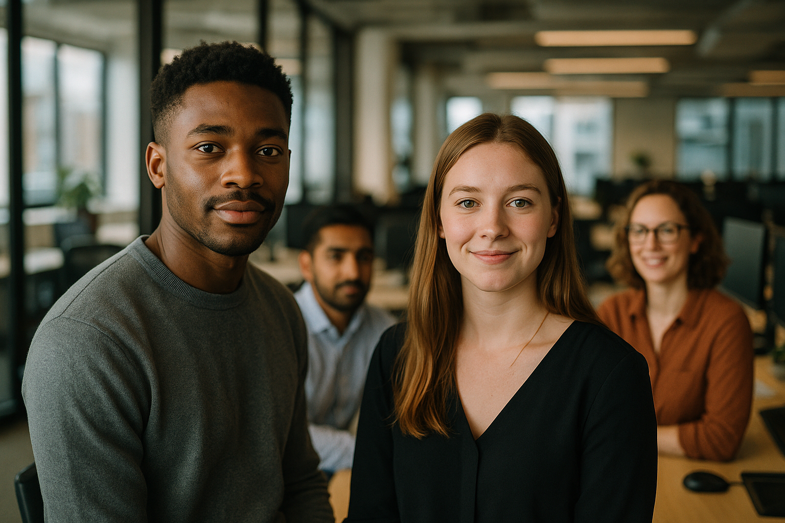 British professionals in a modern office discussing care leaver employment UK