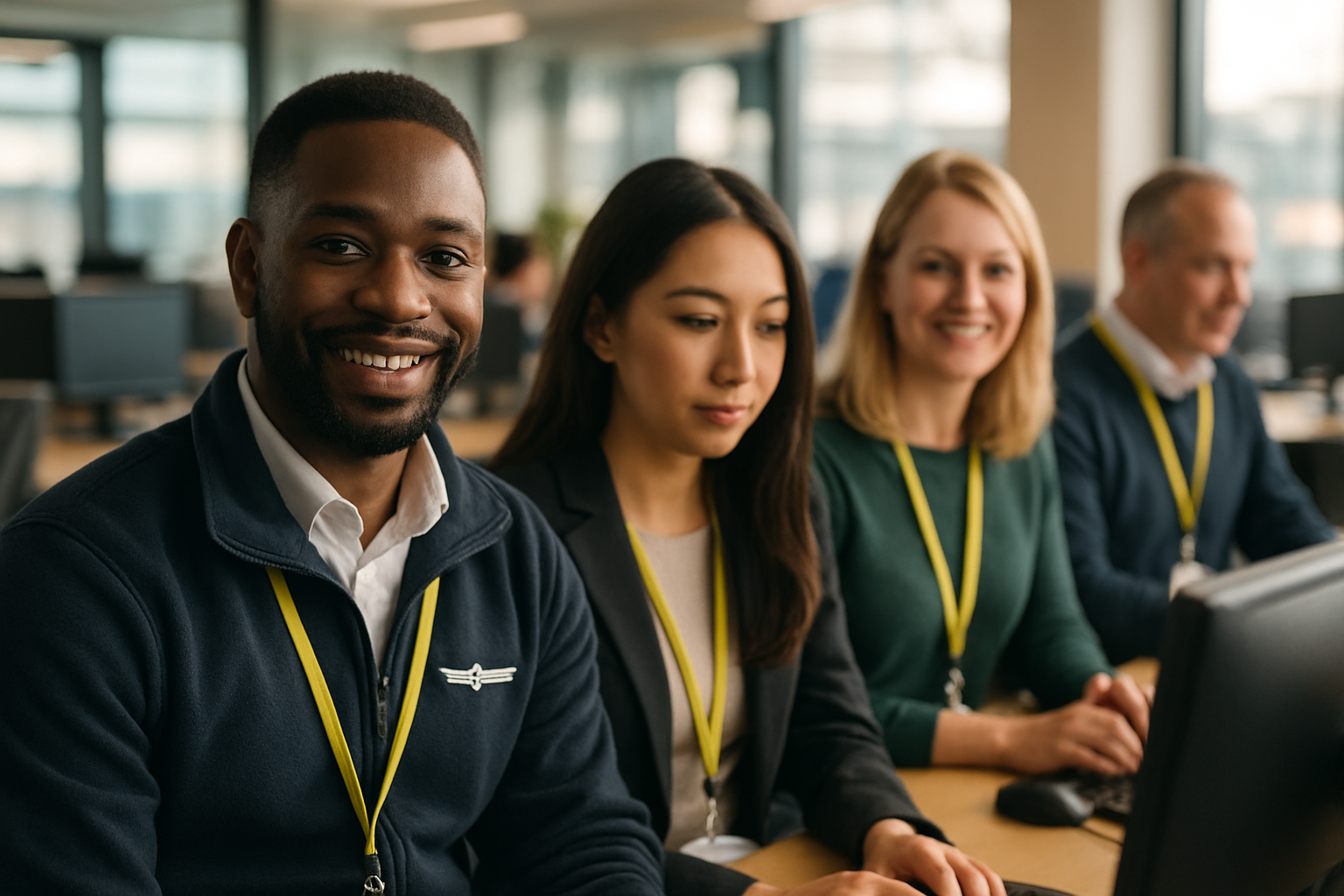 British professionals in a modern office discussing airport ground staff UK
