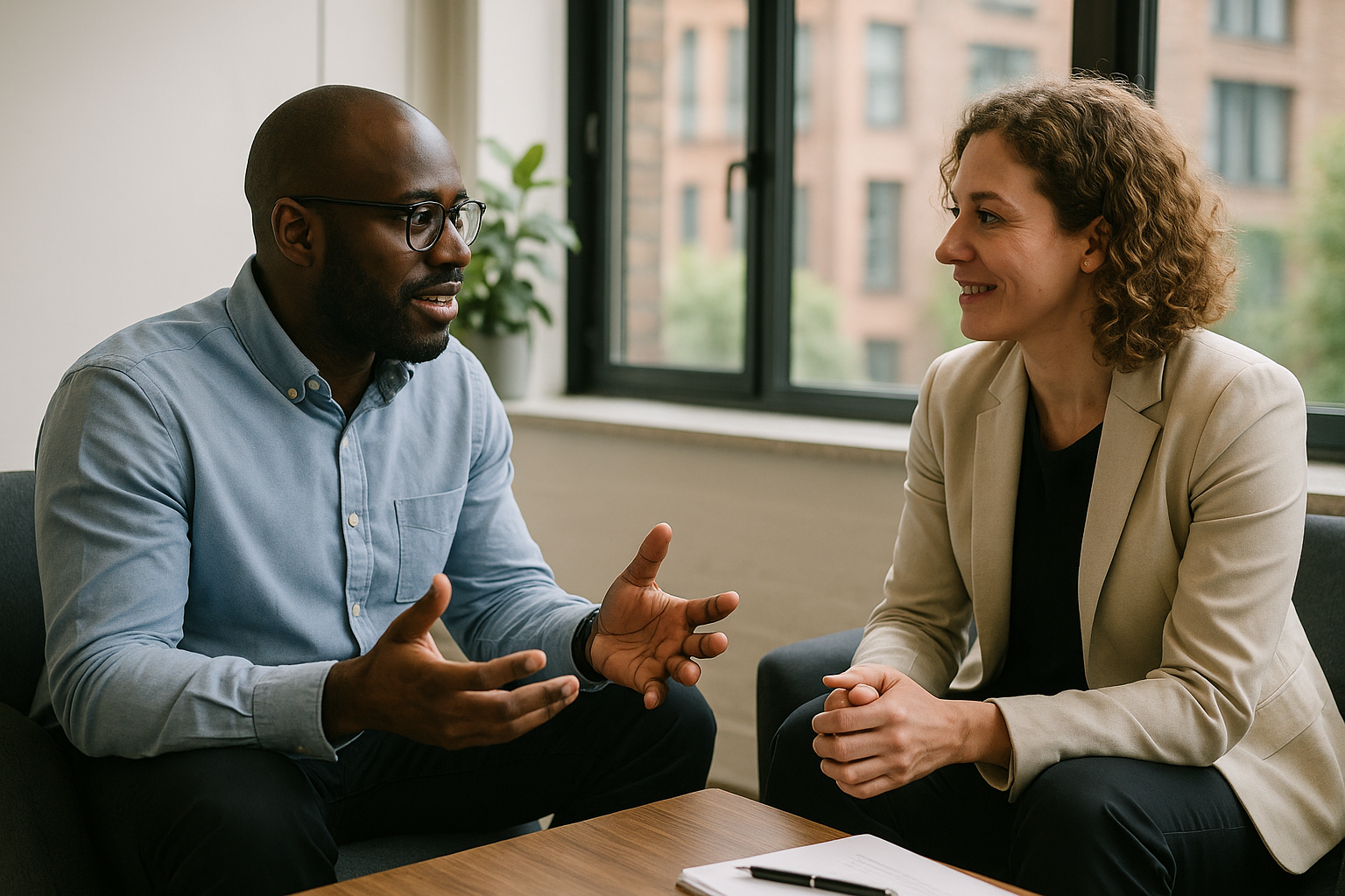 Two UK professionals discussing career next steps for airport ground staff UK