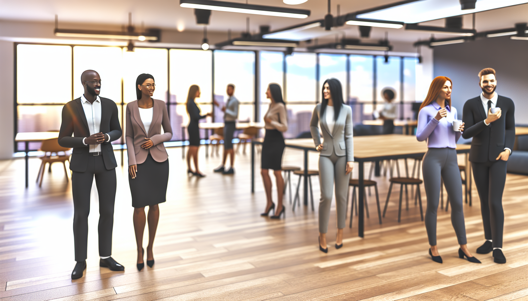 Diverse UK professionals working in a modern open-plan office.
