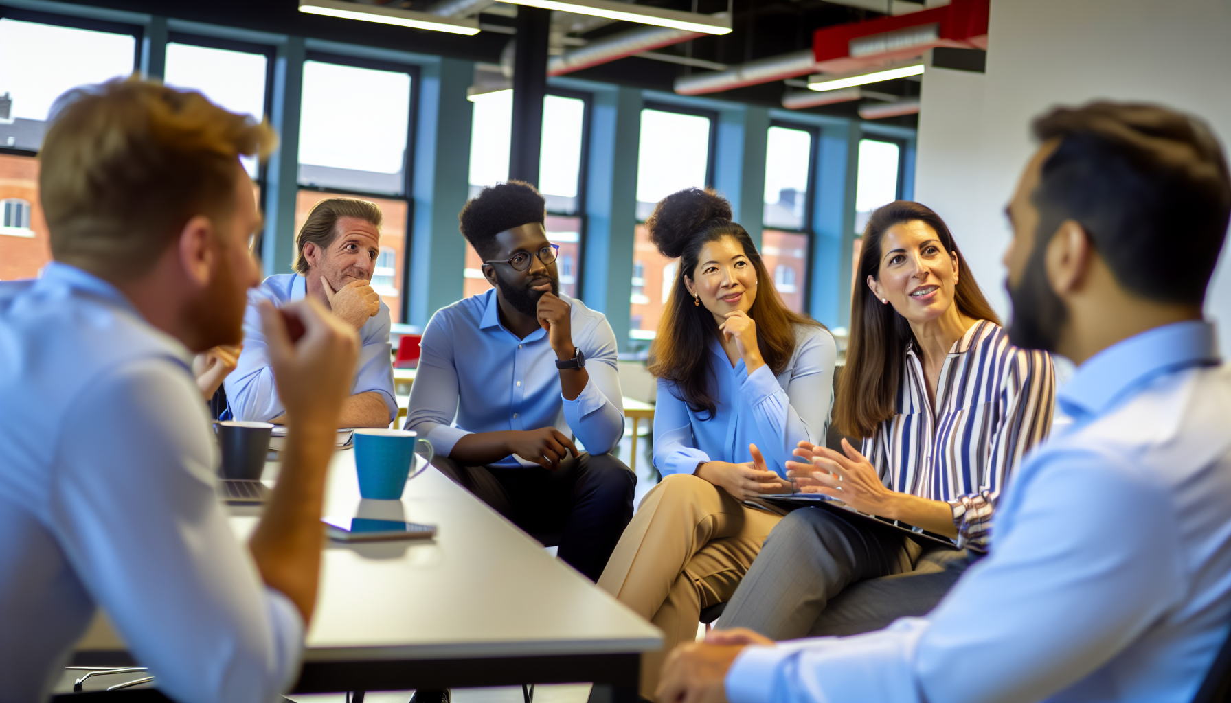 Team meeting of UK professionals in a modern office setting.