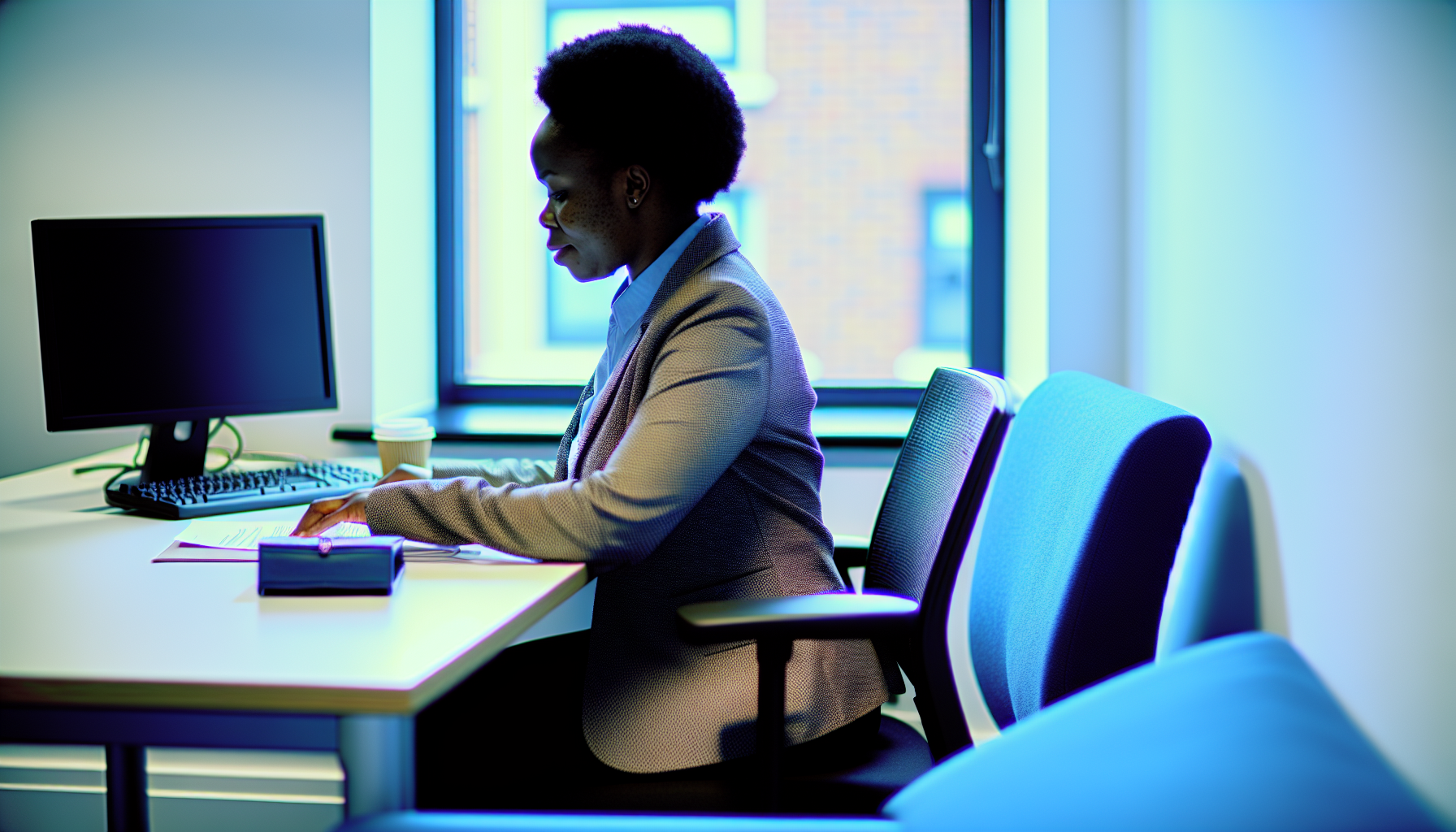 UK professional focused on a task at their desk in an office.