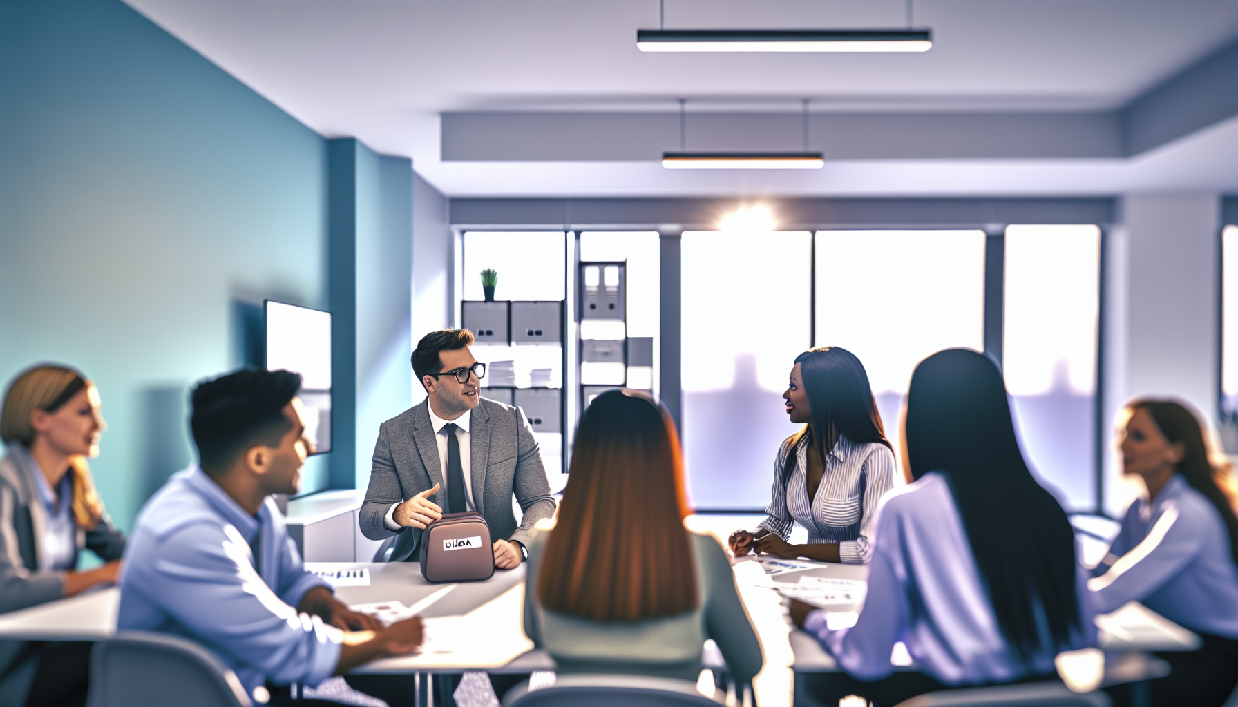 UK professionals having a collaborative discussion in a bright office.