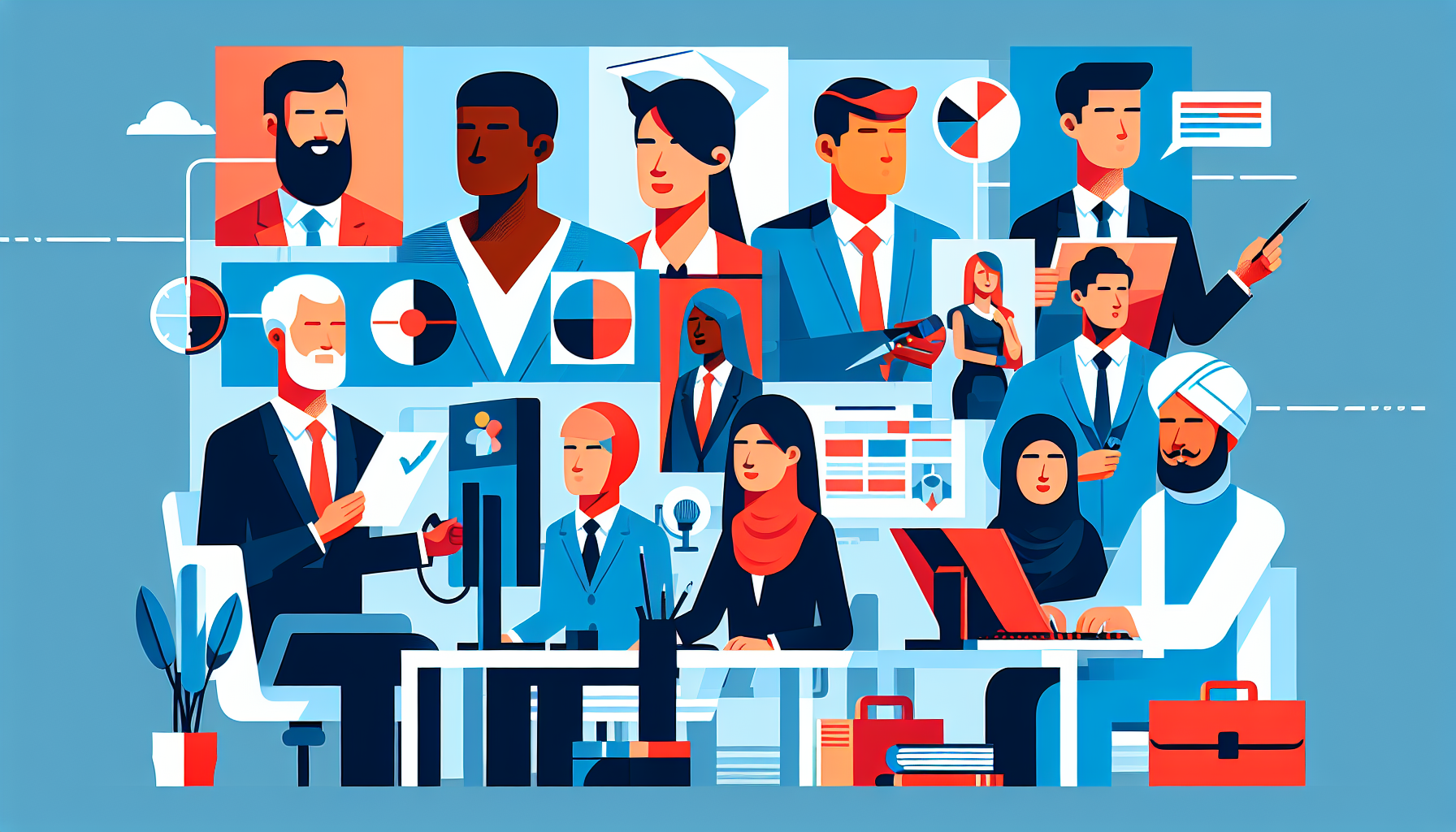 Illustration of diverse UK professionals in a modern office setting