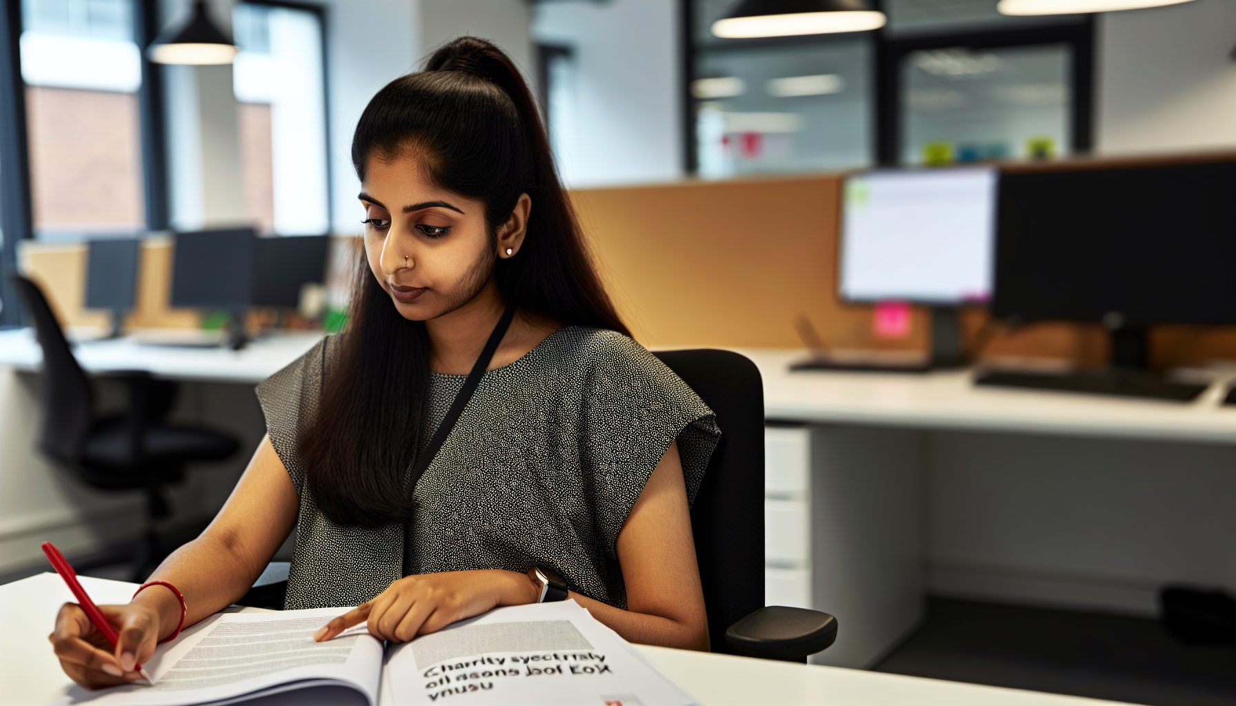 UK charity worker focusing on a project at desk.