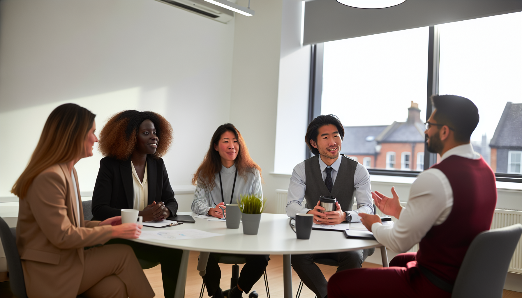 UK charity staff in a relaxed team discussion.