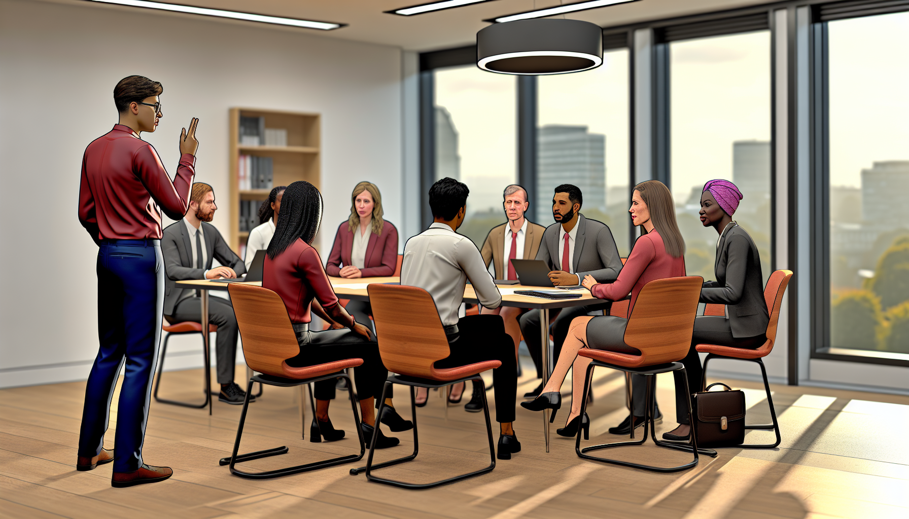 Diverse UK professionals in a team meeting about Chartered status