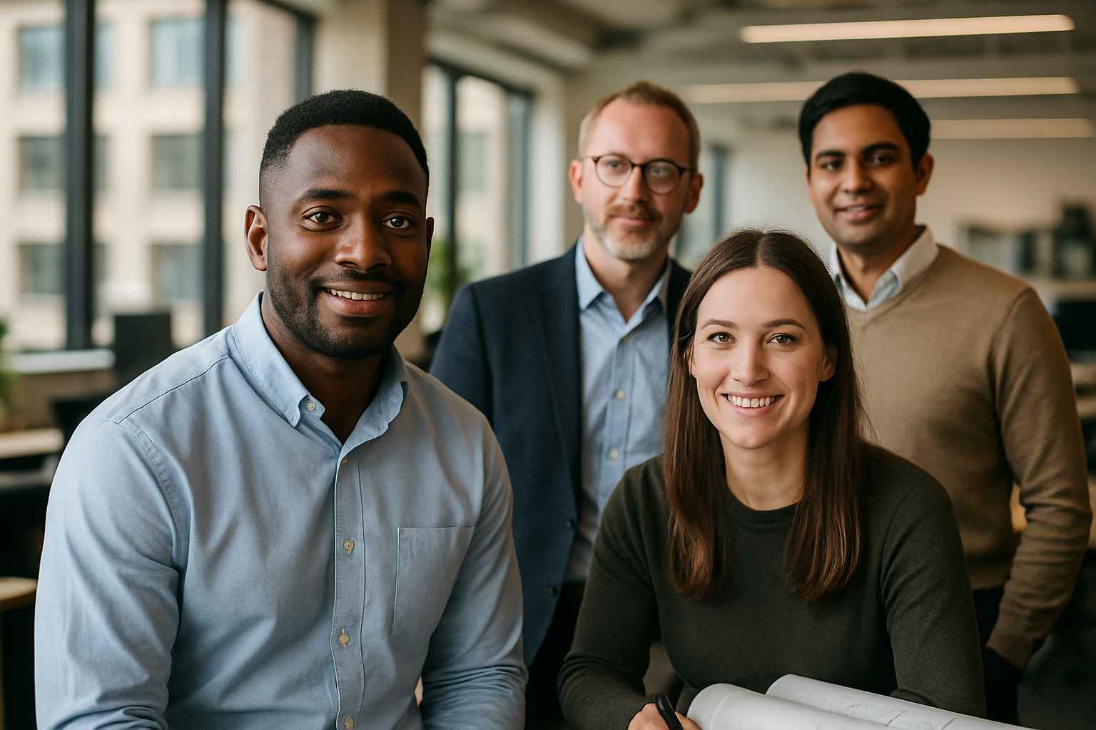 British professionals in a modern office discussing civil engineer career UK
