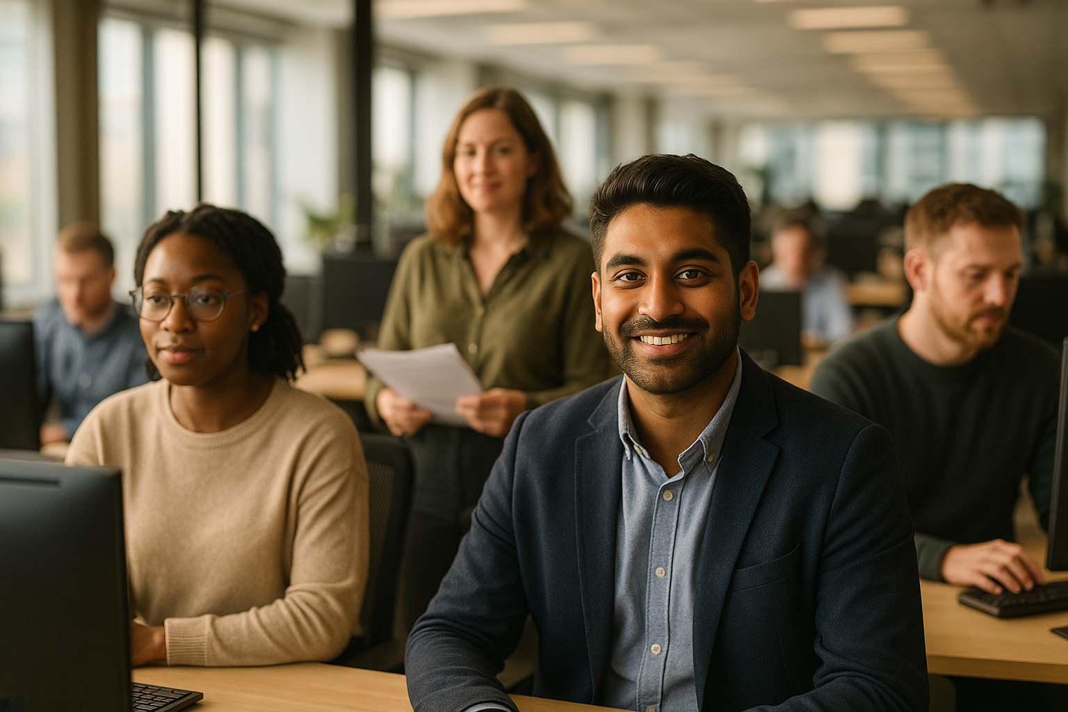 British professionals in a modern office discussing civil service HEO role