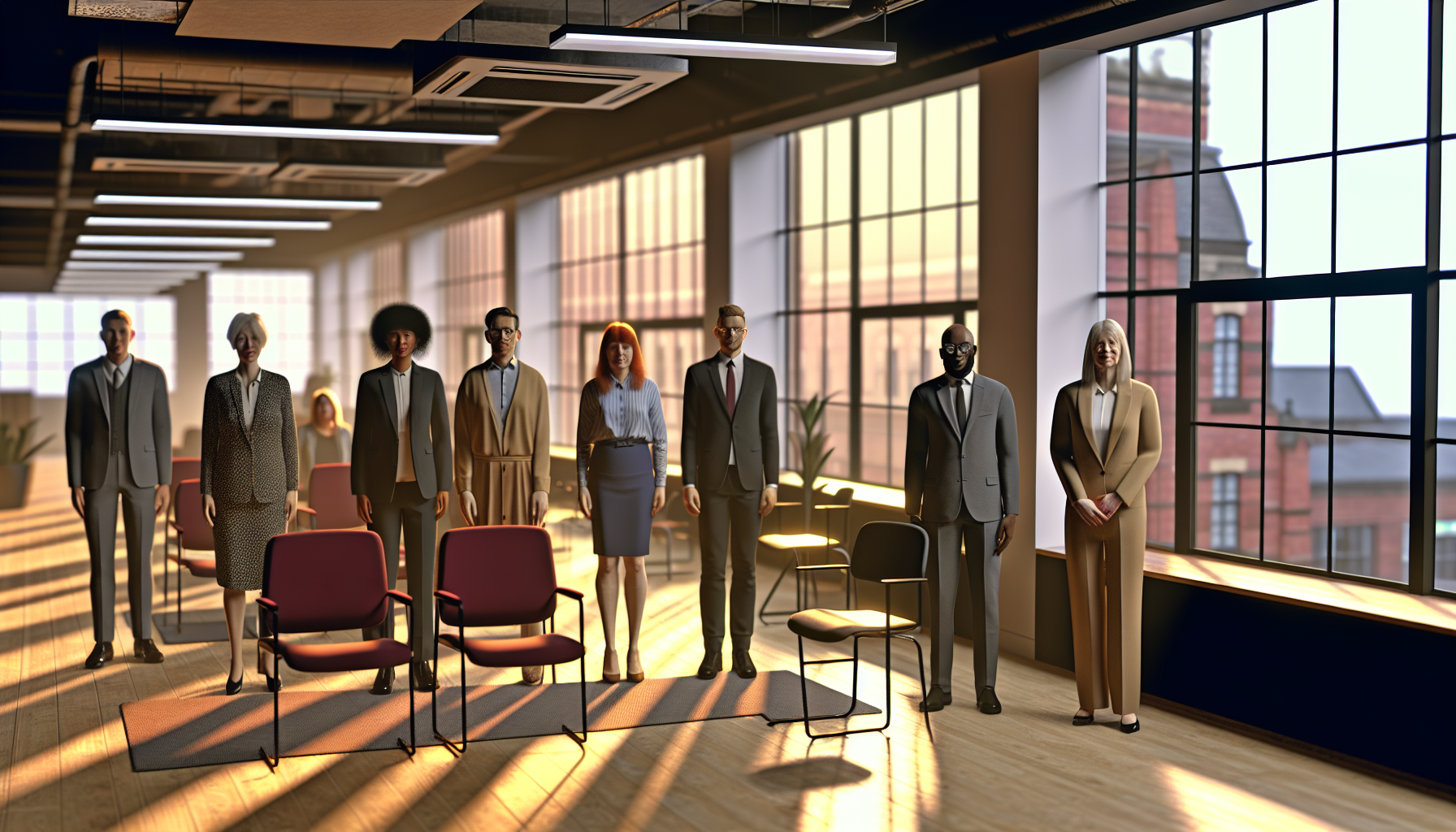 Diverse UK professionals in an open-plan office discussing civil service interviews