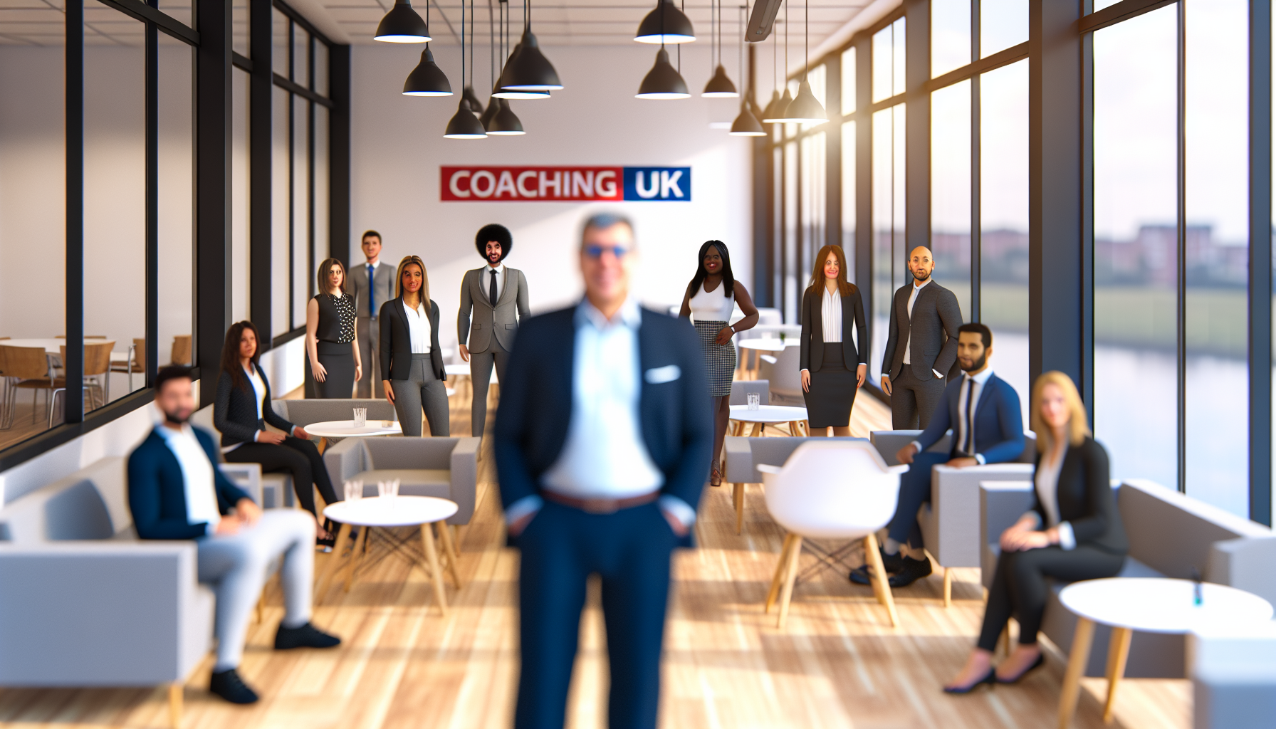 Diverse UK professionals collaborating in a modern office environment