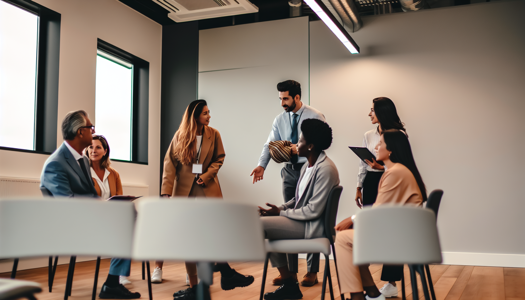 UK team engaged in a meeting within a contemporary office setting