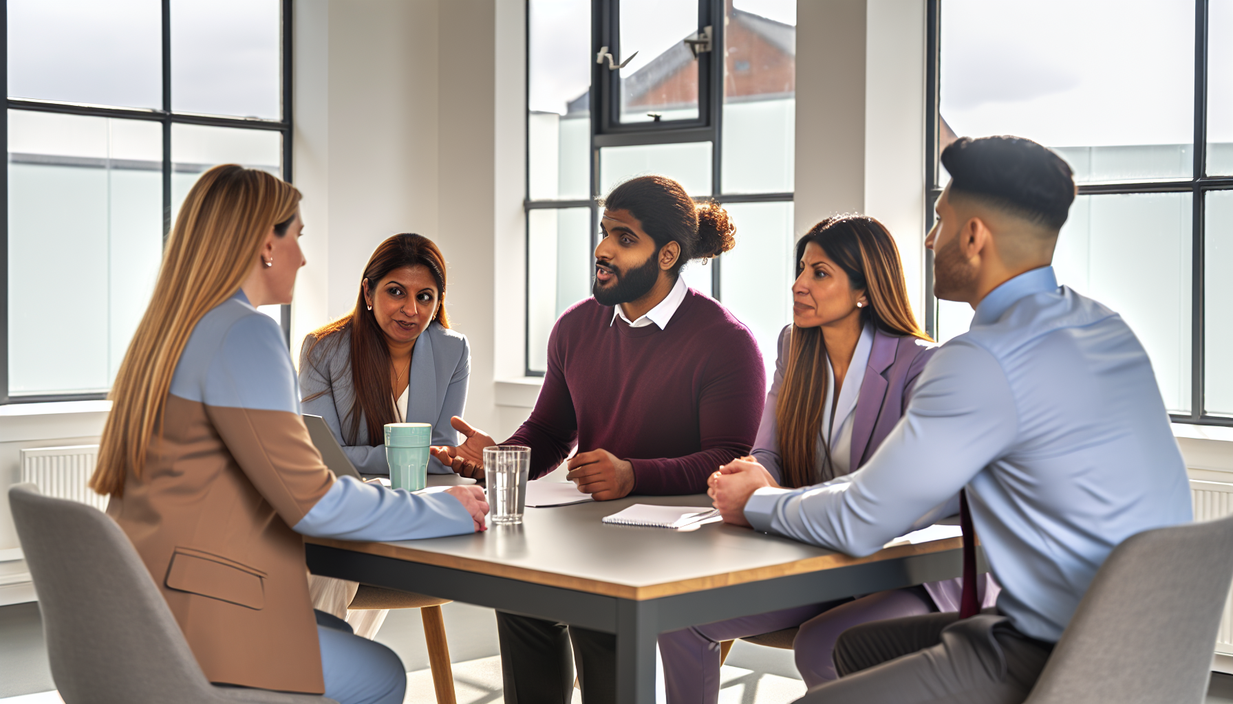 Diverse UK team in a collaborative discussion in a bright office