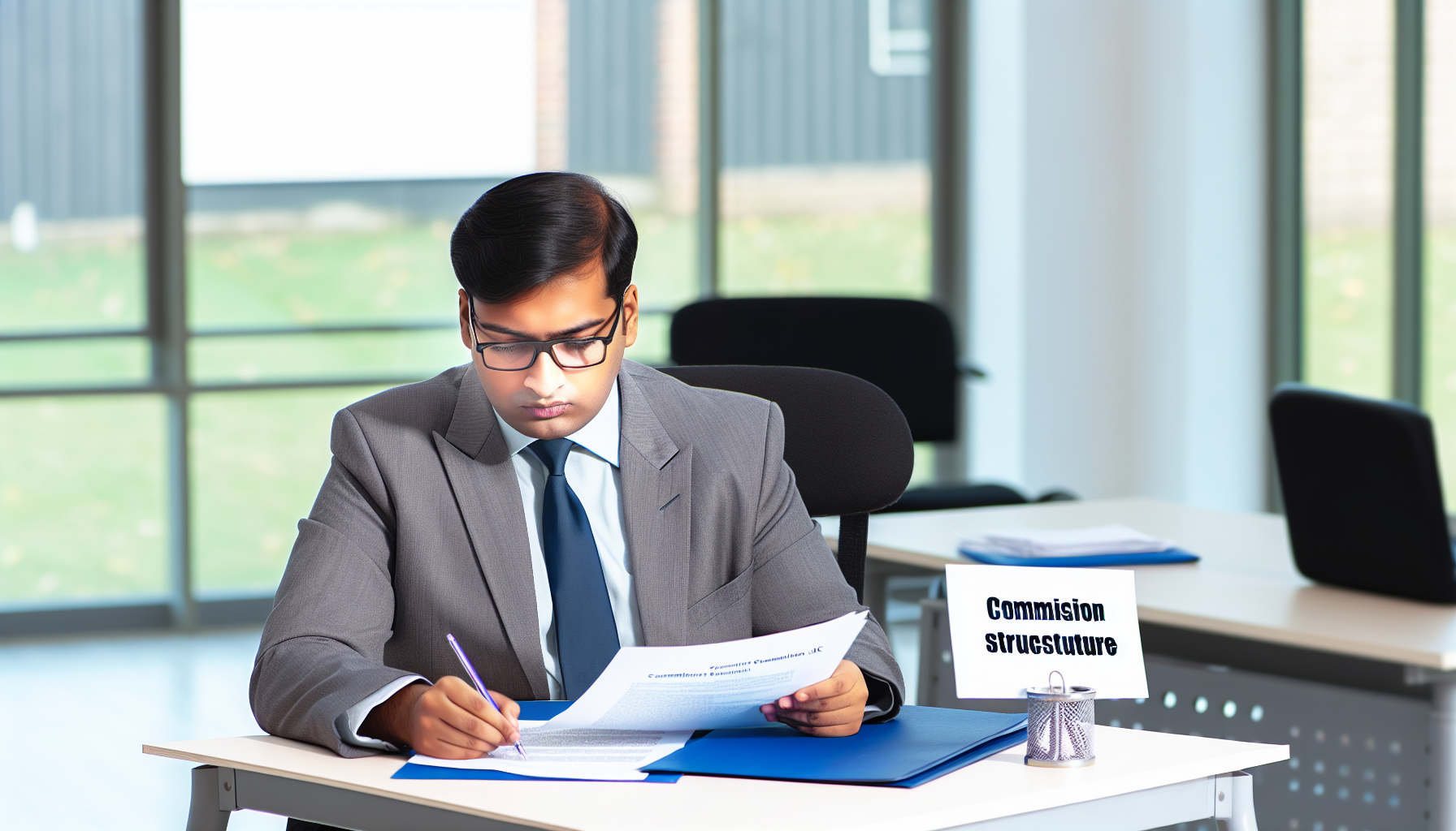 UK professional focused on desk work in modern office