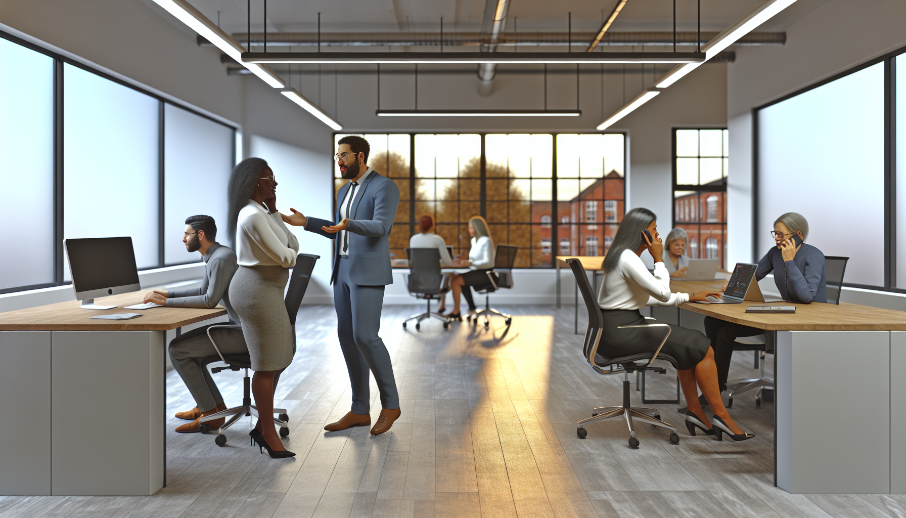 Diverse UK professionals discussing in an open-plan office