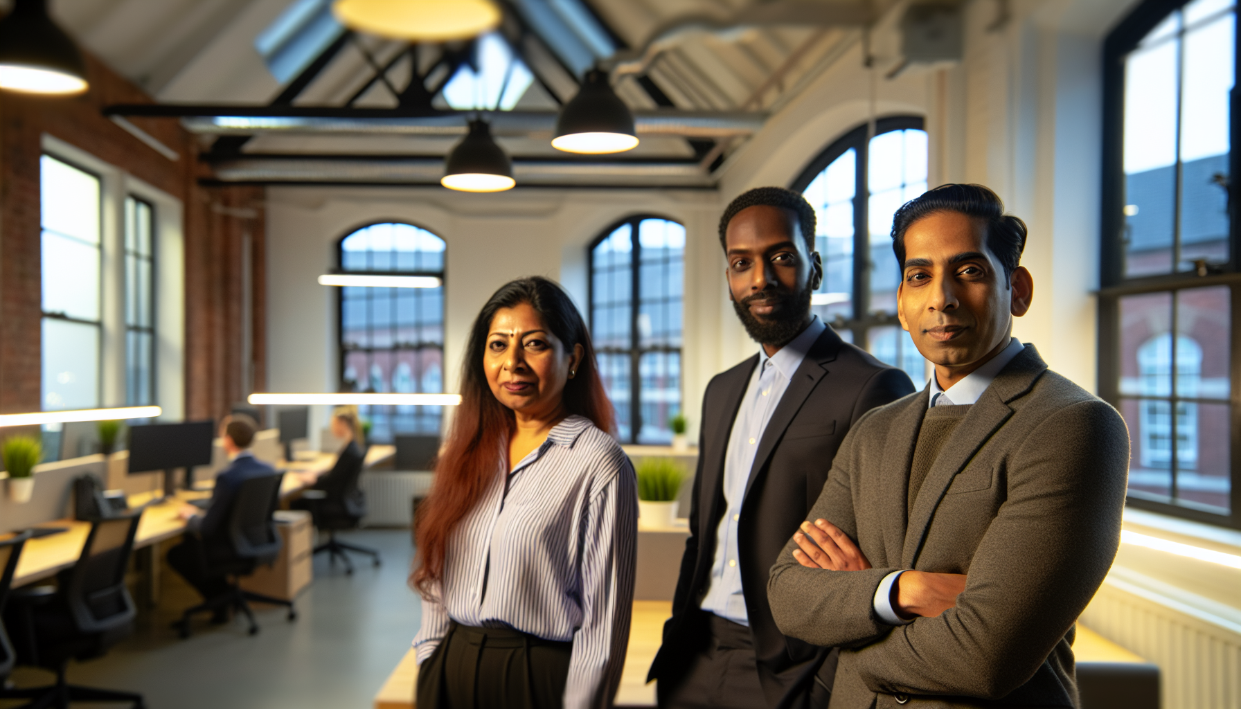 British professionals in an office discussing interview strategies