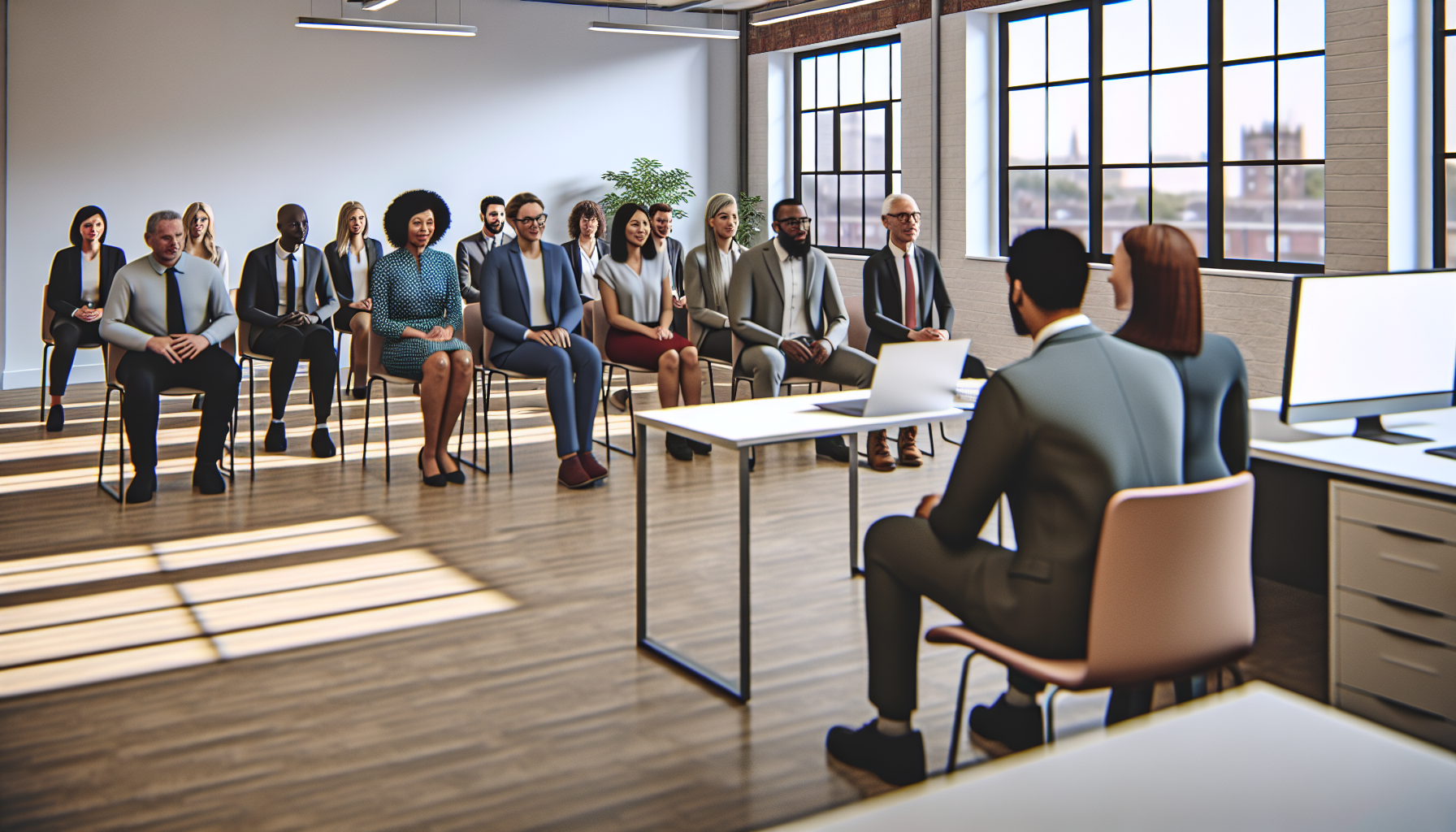 British professionals in open-plan office, discussing competency interviews
