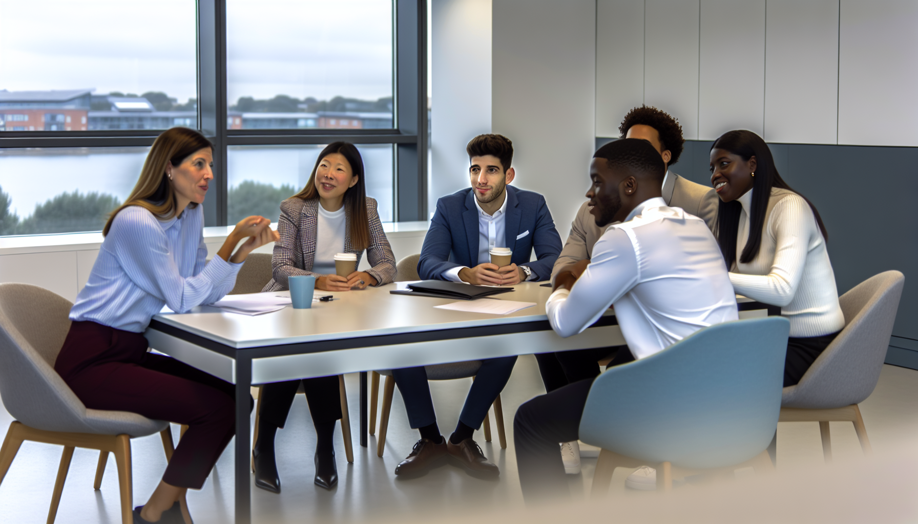 Team meeting in a modern UK office discussing competency questions