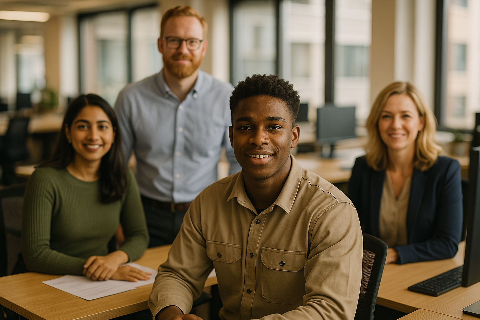 British professionals in a modern office discussing apprenticeship UK