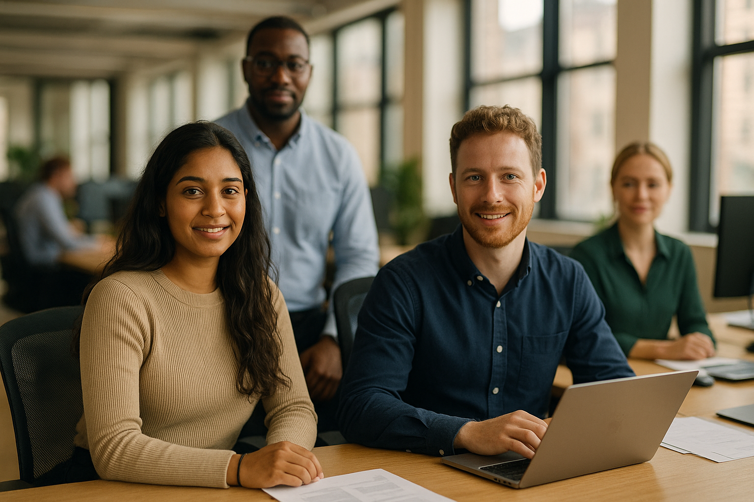 British professionals in a modern office discussing apprenticeship UK