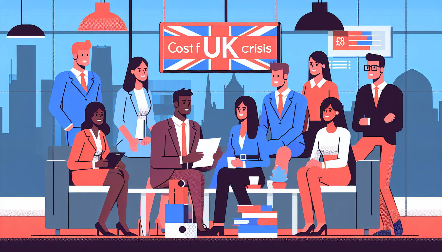 Group of UK professionals in discussion about cost of living