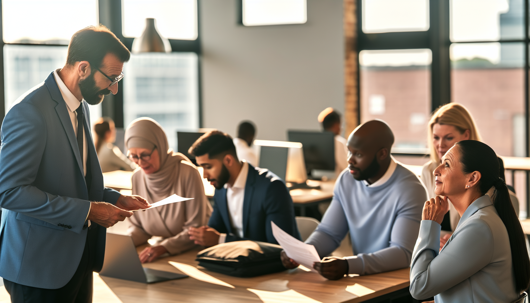 Diverse UK professionals collaborating in a modern open office